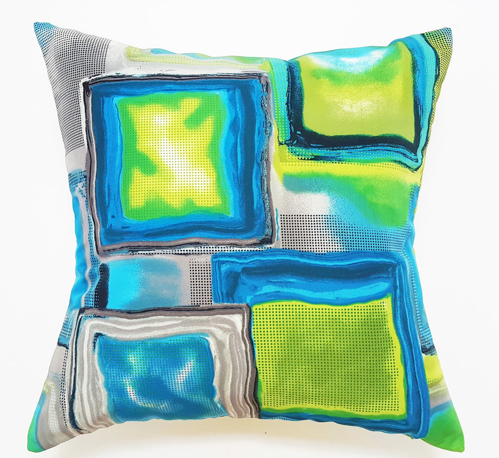 Lime Green, Aqua and Gray Modern Square Pillow