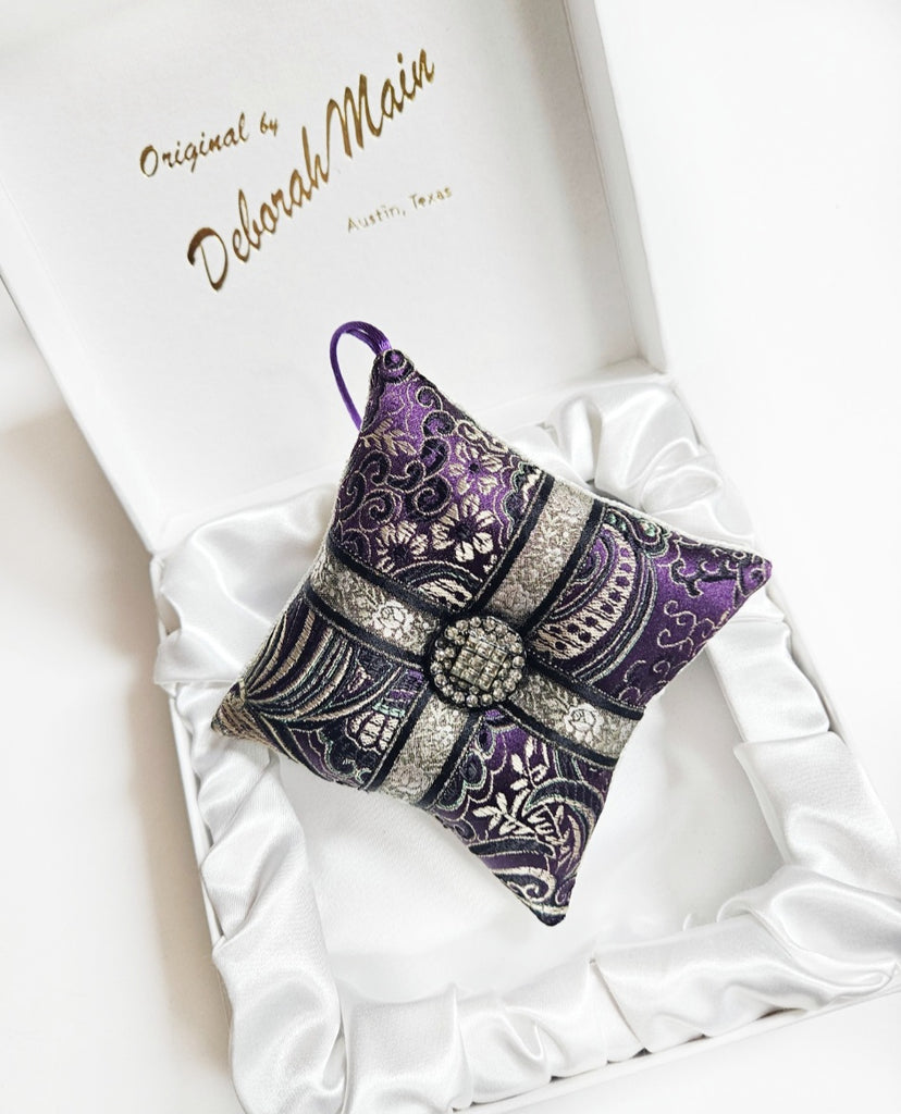 Purple Silk Brocade Vintage Rhinestone Button Pillow Ornament