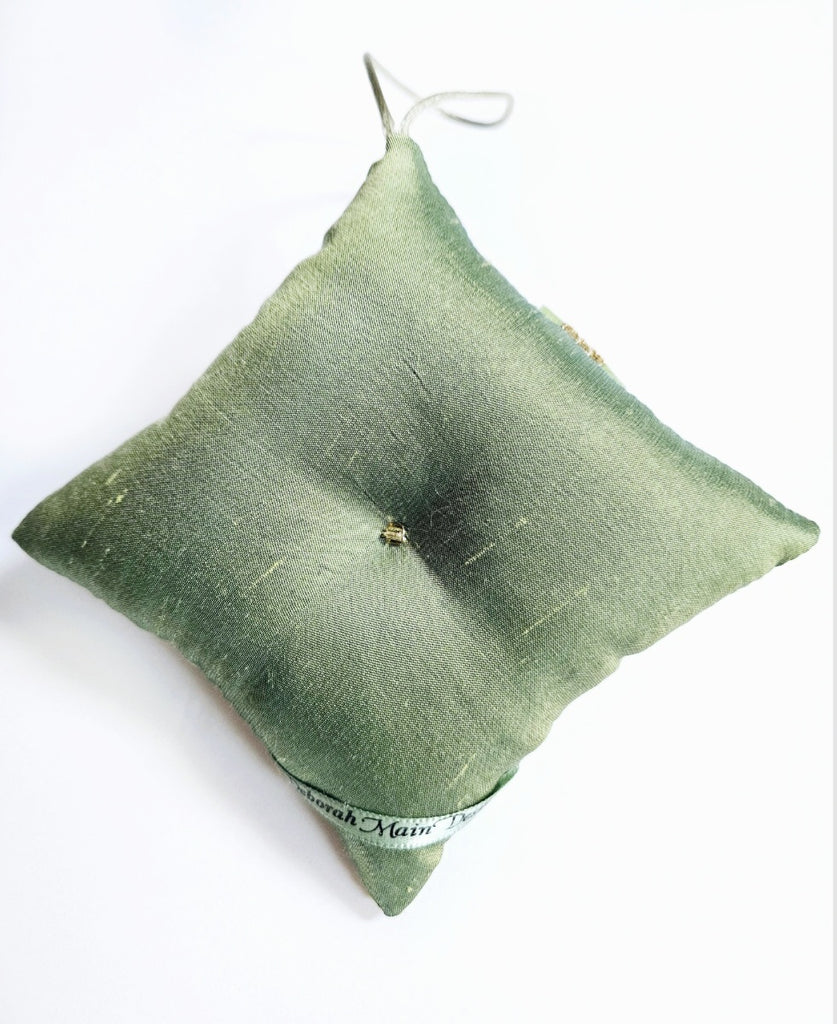 Green Silk Vintage Rhinestone Button Holiday Pillow Ornament