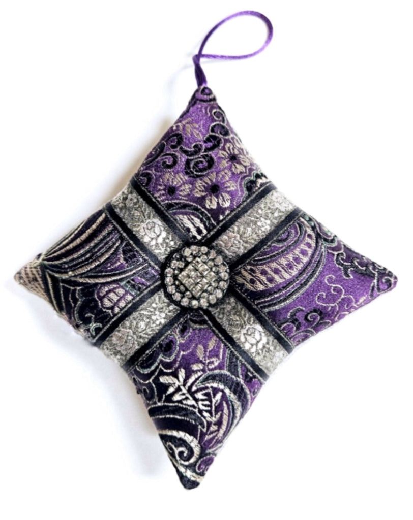 Purple Silk Brocade Vintage Rhinestone Button Pillow Ornament