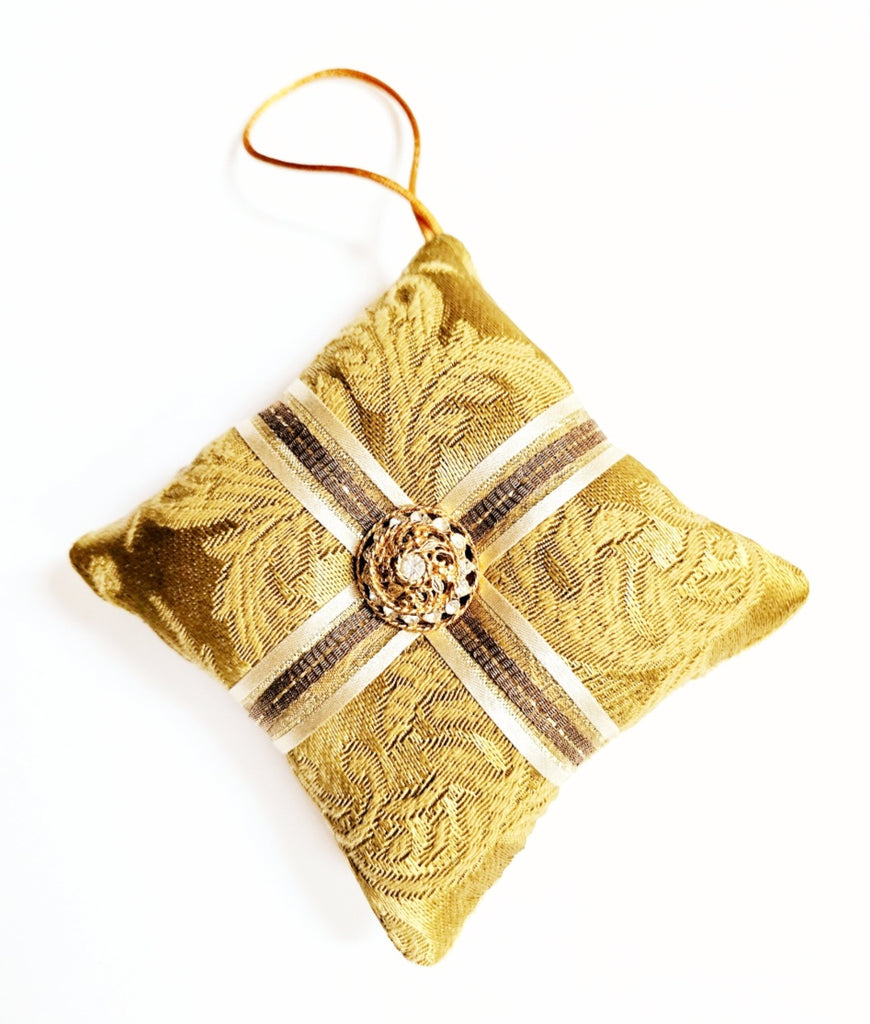 Vintage French Gold Rhinestone Button Holiday Pillow Ornament