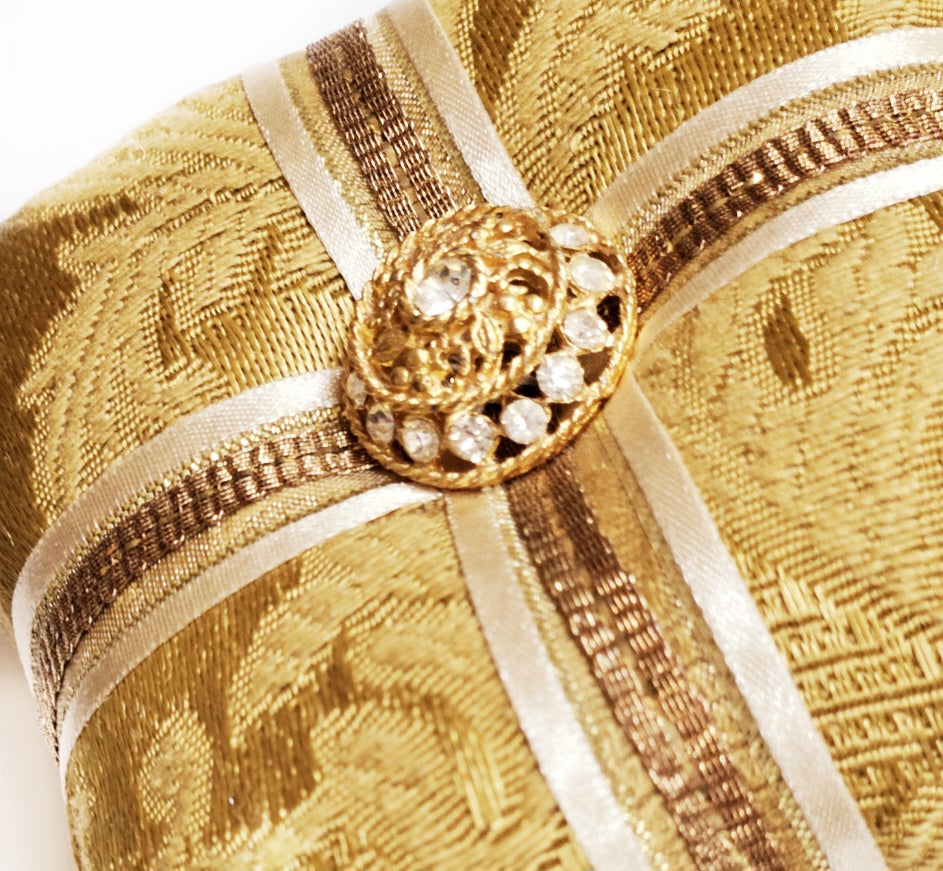 Vintage French Gold Rhinestone Button Holiday Pillow Ornament