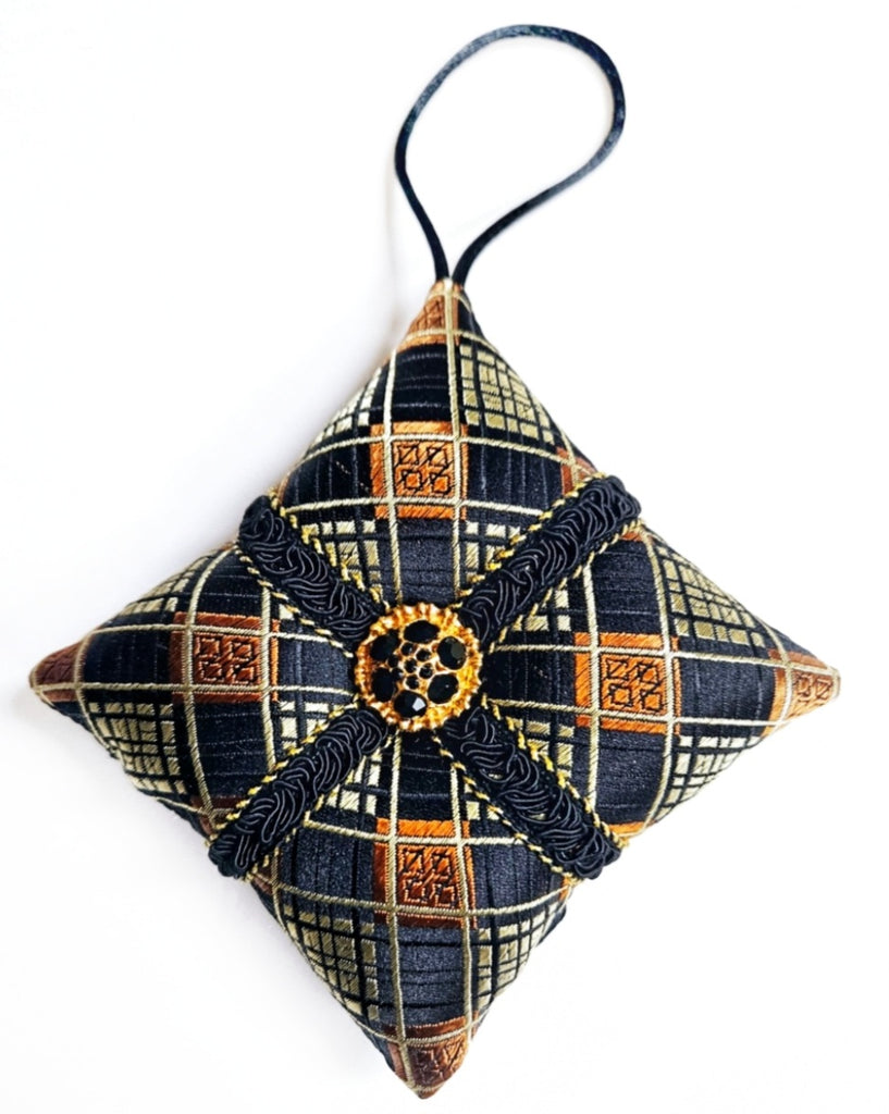 Copper Black Geometric Silk Button Holiday Pillow Ornament