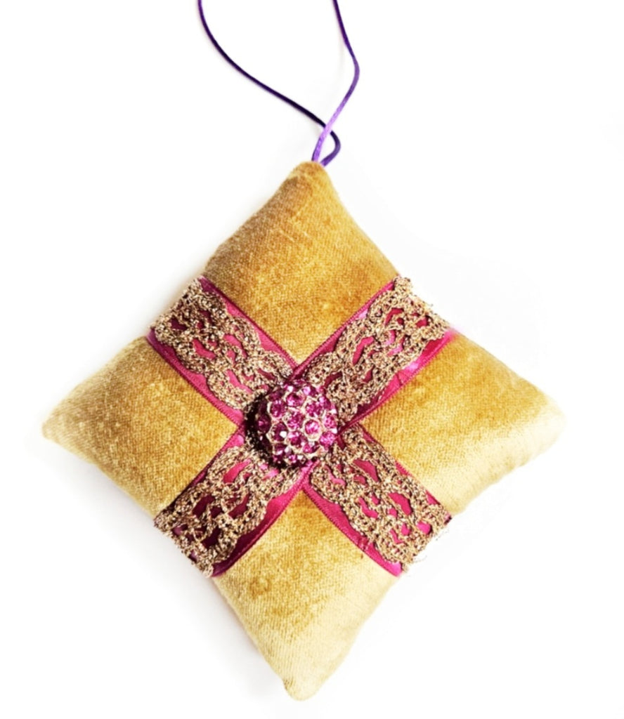 Gold + Fuchsia Vintage Rhinestone Holiday Pillow Ornament