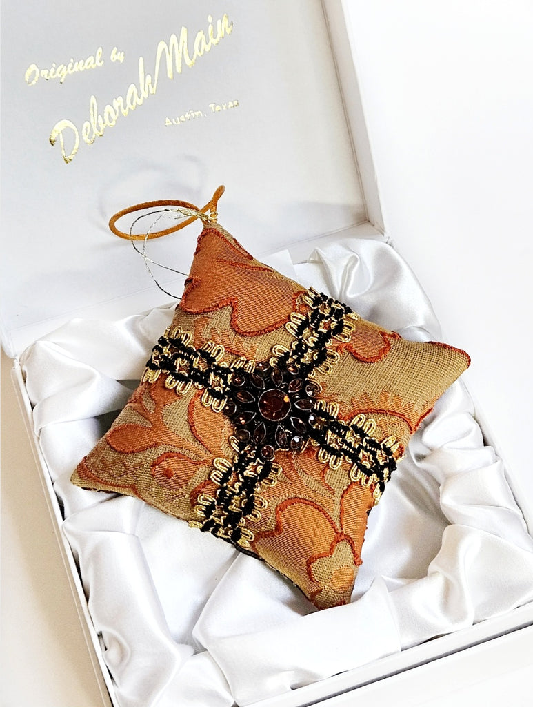 Vintage Amber & Black Rhinestone Button Holiday Pillow Ornament