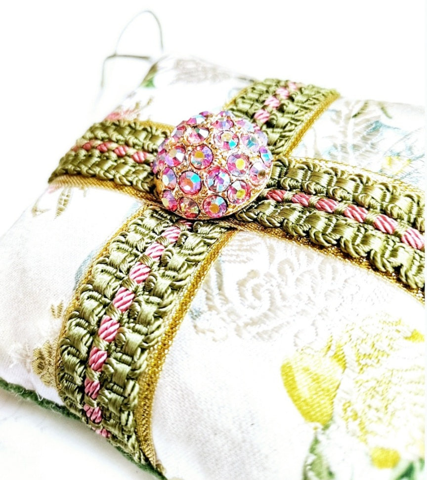 Silver Silk Brocade Vintage Rhinestone Button Ornament
