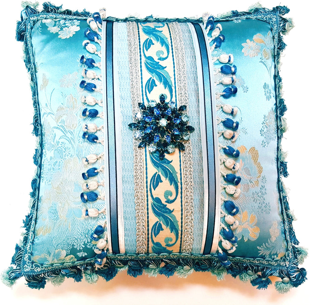 "Le Bleu" Textile Art Pillow with Vintage Brooch
