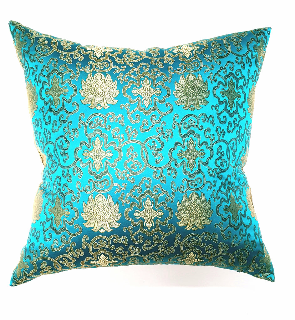 Aqua & Gold Lotus Silk Brocade Pillow