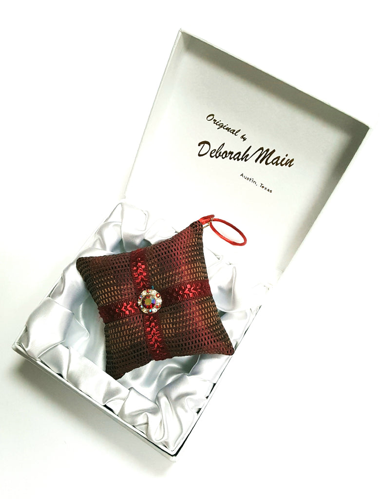 Rich Burgundy Silk with Vintage Rhinestone Button Pillow Ornament