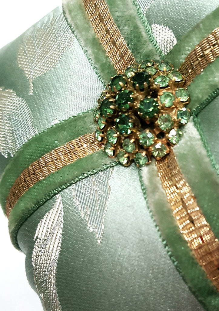 Vintage Mint Green silk with Rhinestone Button Holiday Ornament